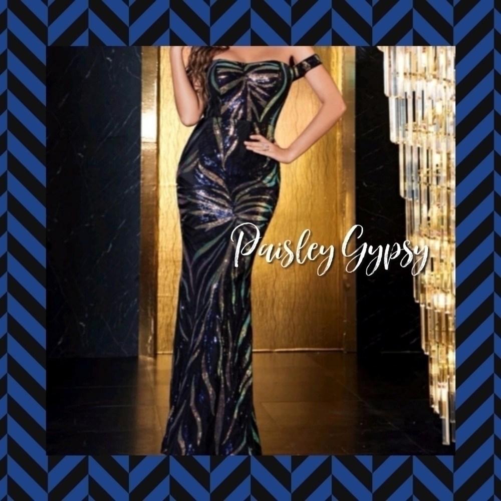 Elegant Off the Shoulder Elegant Fit and Flare Sequin Formal Gown